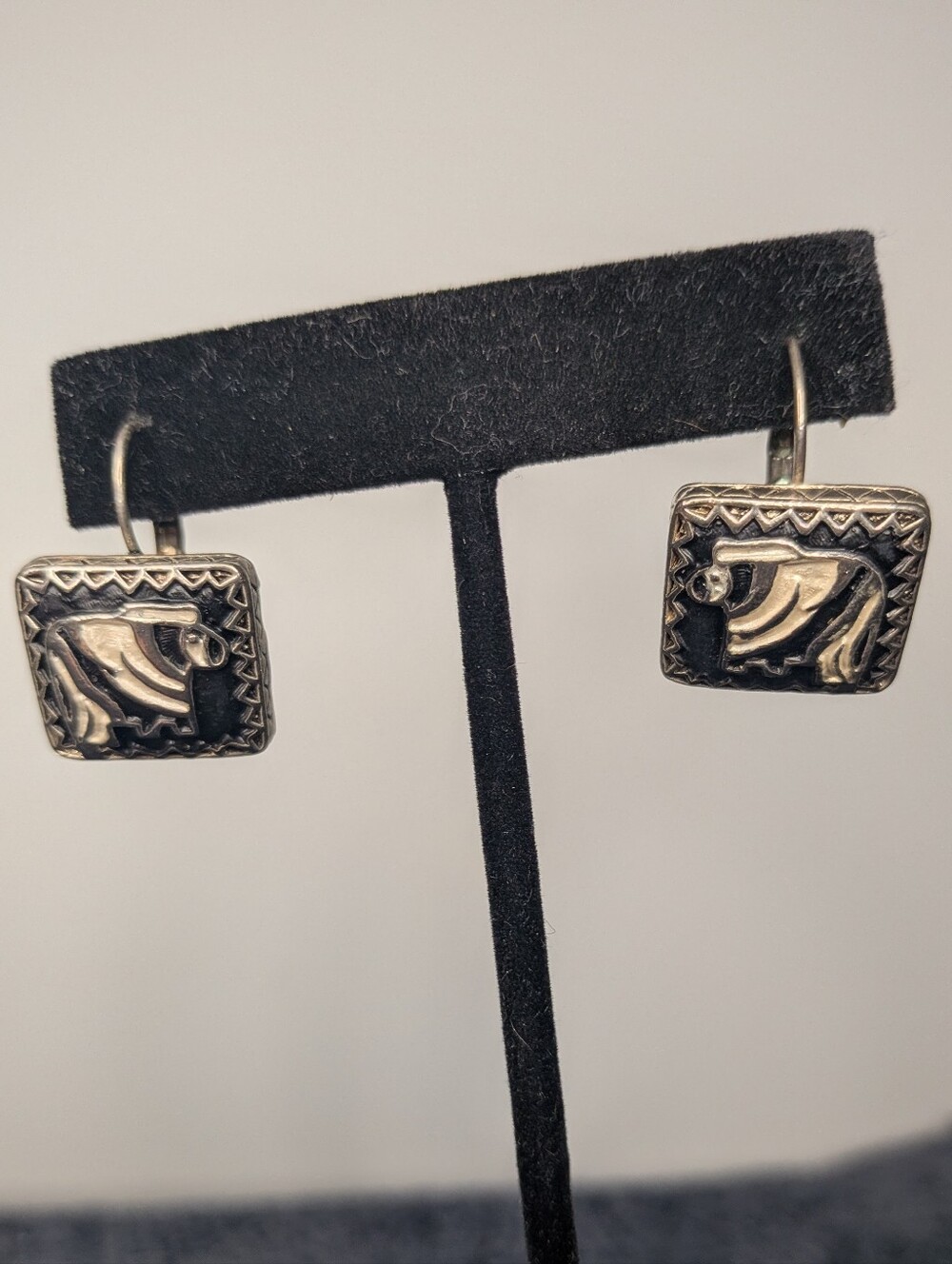 Vintage Southwestern Silvertone Black Enamel Zebra Motif Square Leverback Earrin